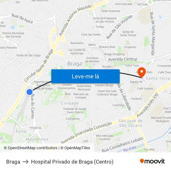 Braga to Hospital Privado de Braga (Centro) map