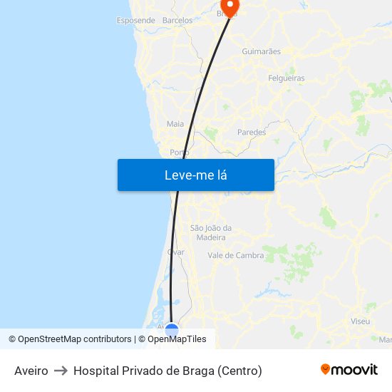 Aveiro to Hospital Privado de Braga (Centro) map