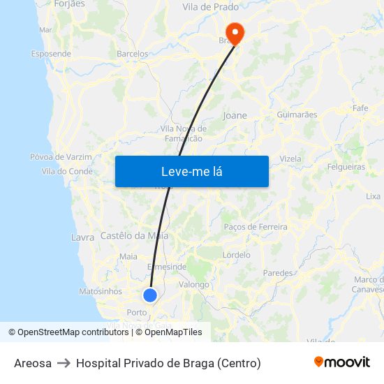 Areosa to Hospital Privado de Braga (Centro) map
