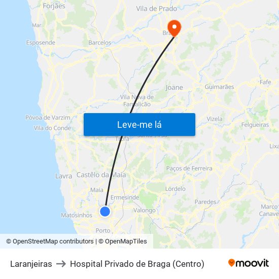 Laranjeiras to Hospital Privado de Braga (Centro) map