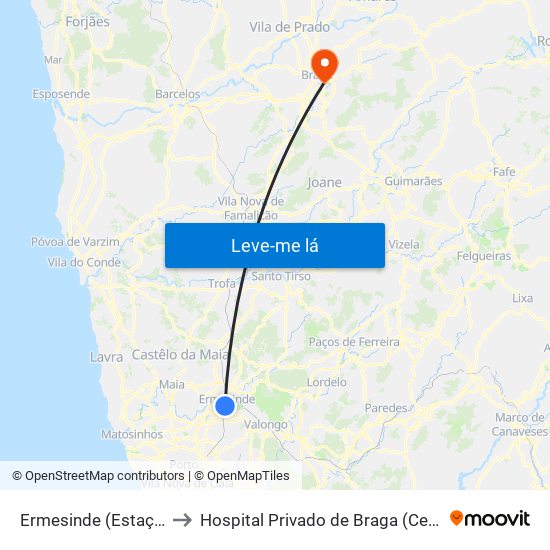 Ermesinde (Estação) to Hospital Privado de Braga (Centro) map