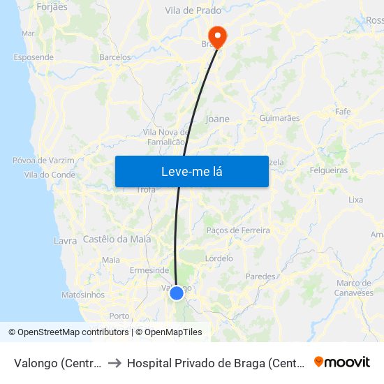 Valongo (Centro) to Hospital Privado de Braga (Centro) map