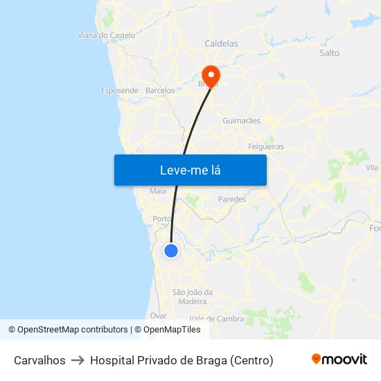 Carvalhos to Hospital Privado de Braga (Centro) map