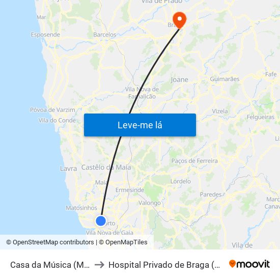 Casa da Música (Metro) to Hospital Privado de Braga (Centro) map