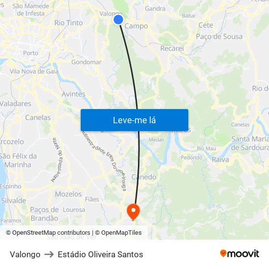 Valongo to Estádio Oliveira Santos map