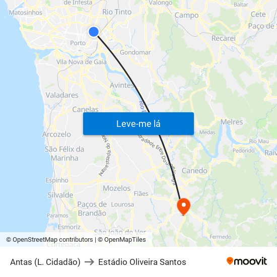 Antas (L. Cidadão) to Estádio Oliveira Santos map