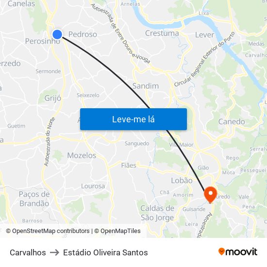 Carvalhos to Estádio Oliveira Santos map