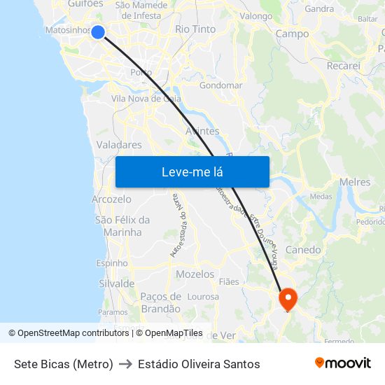 Sete Bicas (Metro) to Estádio Oliveira Santos map