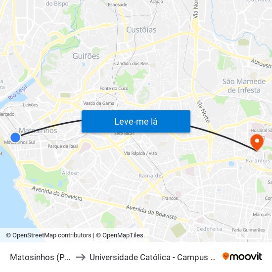 Matosinhos (Praia) to Universidade Católica - Campus Asprela map