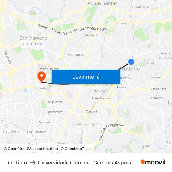 Rio Tinto to Universidade Católica - Campus Asprela map