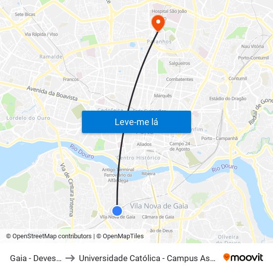 Gaia - Devesas to Universidade Católica - Campus Asprela map