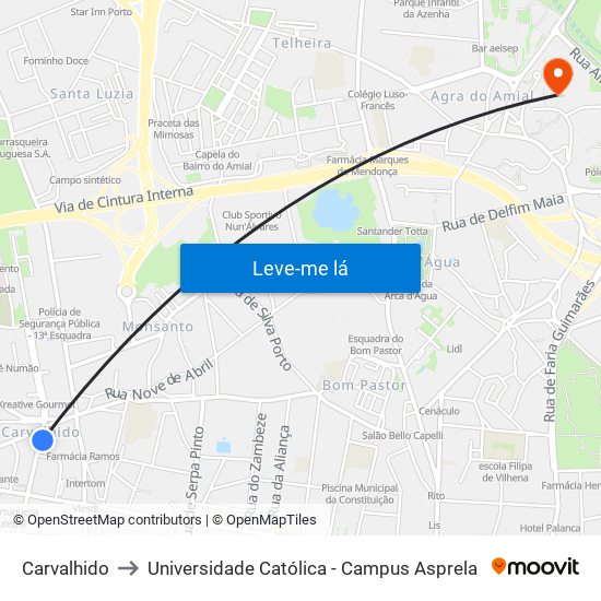 Carvalhido to Universidade Católica - Campus Asprela map