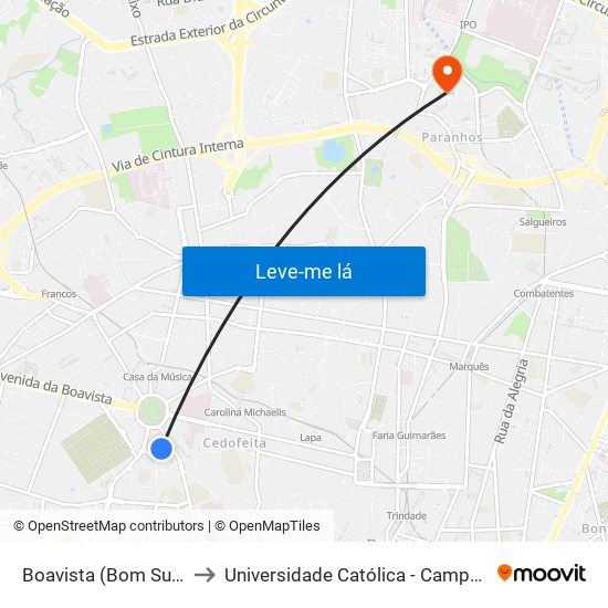Boavista (Bom Sucesso) to Universidade Católica - Campus Asprela map