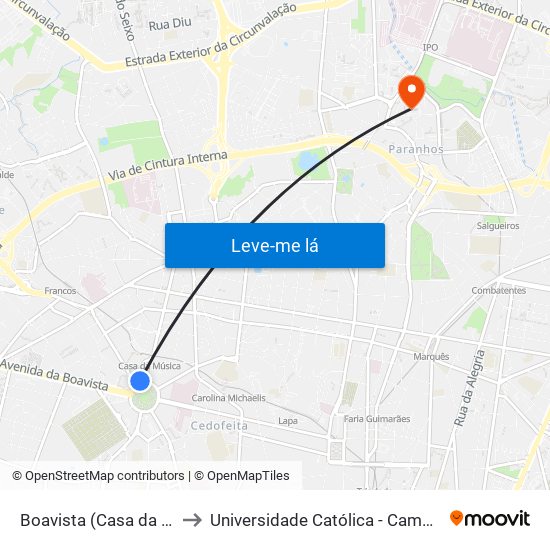 Boavista (Casa da Música) to Universidade Católica - Campus Asprela map