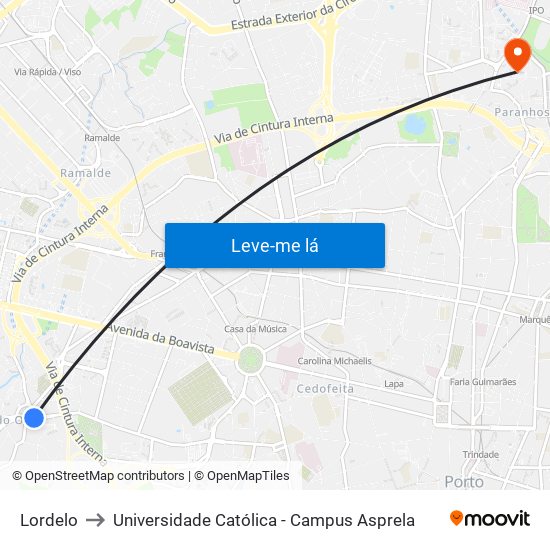 Lordelo to Universidade Católica - Campus Asprela map