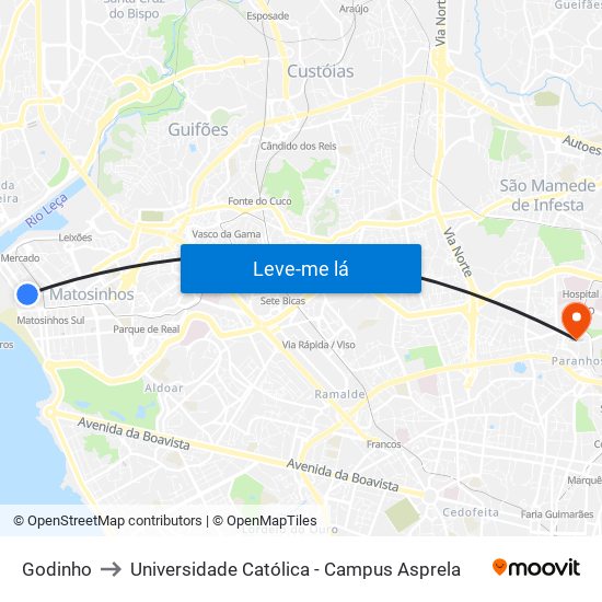 Godinho to Universidade Católica - Campus Asprela map