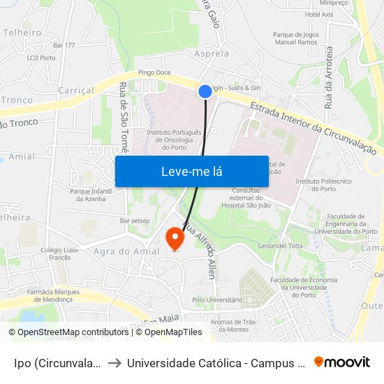 Ipo (Circunvalação) to Universidade Católica - Campus Asprela map