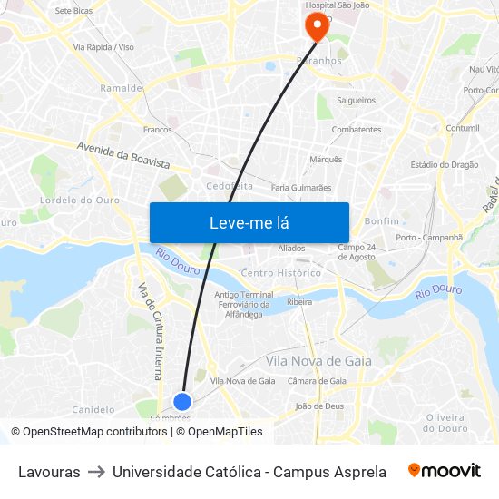 Lavouras to Universidade Católica - Campus Asprela map