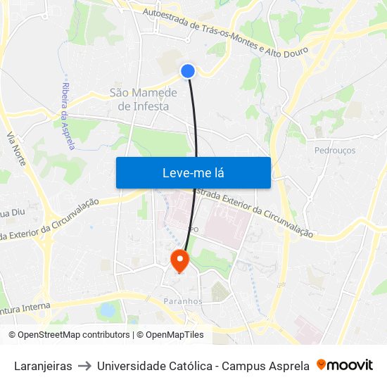 Laranjeiras to Universidade Católica - Campus Asprela map