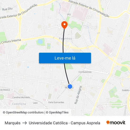 Marquês to Universidade Católica - Campus Asprela map