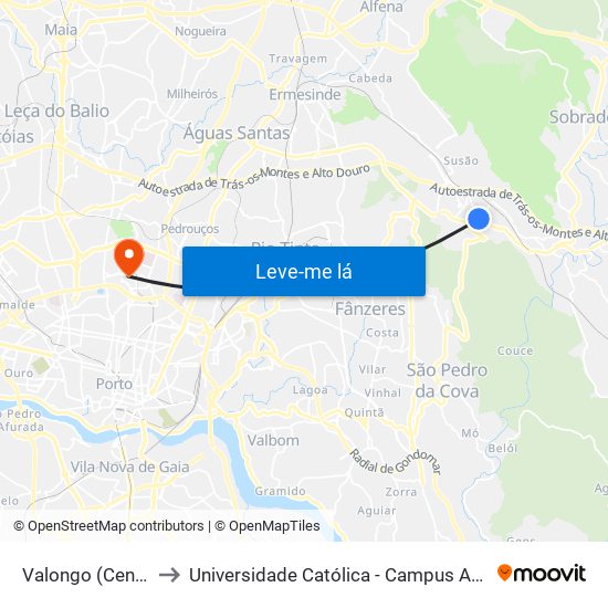 Valongo (Centro) to Universidade Católica - Campus Asprela map