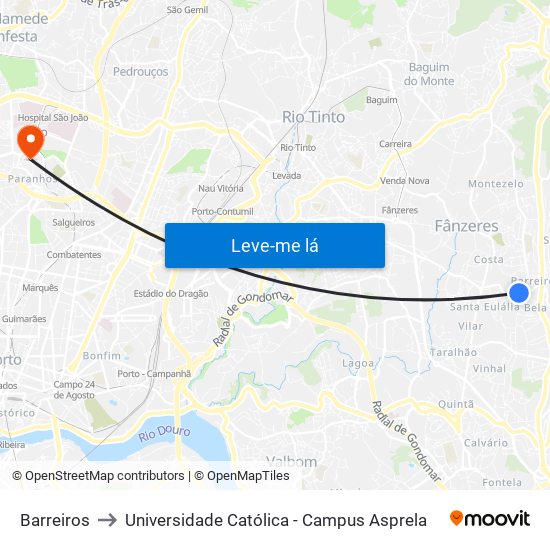 Barreiros to Universidade Católica - Campus Asprela map