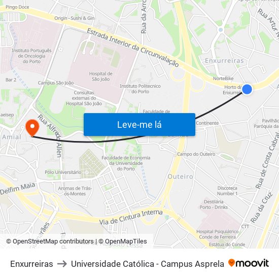 Enxurreiras to Universidade Católica - Campus Asprela map