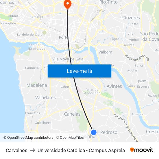 Carvalhos to Universidade Católica - Campus Asprela map