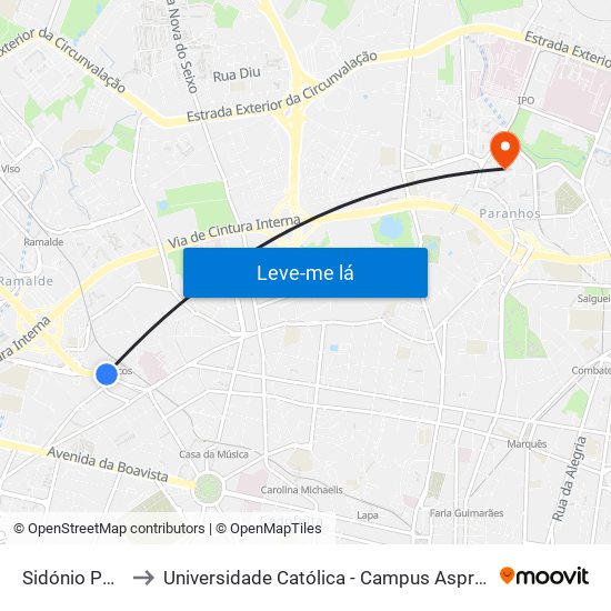 Sidónio Pais to Universidade Católica - Campus Asprela map