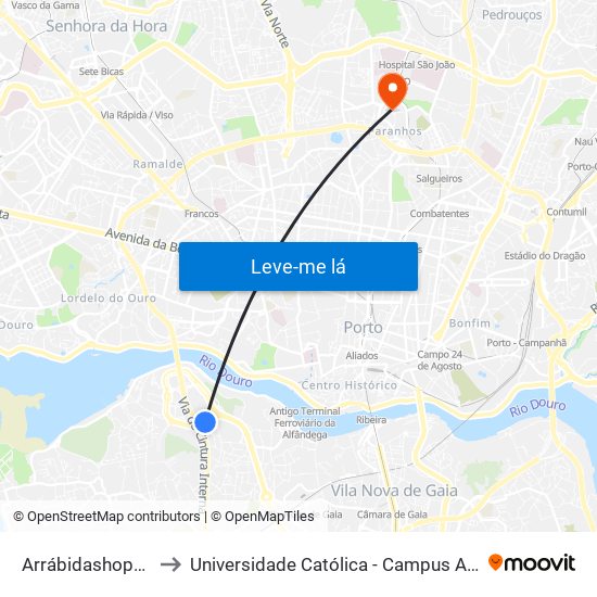 Arrábidashopping to Universidade Católica - Campus Asprela map