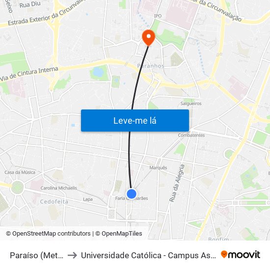 Paraíso (Metro) to Universidade Católica - Campus Asprela map