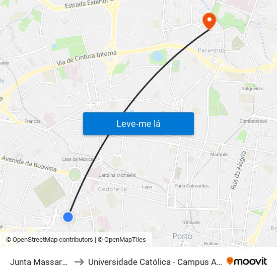 Junta Massarelos to Universidade Católica - Campus Asprela map