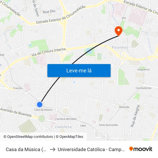 Casa da Música (Metro) to Universidade Católica - Campus Asprela map