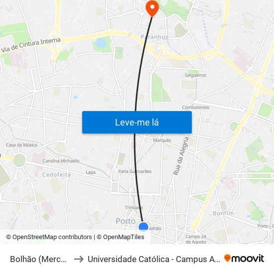 Bolhão (Mercado) to Universidade Católica - Campus Asprela map