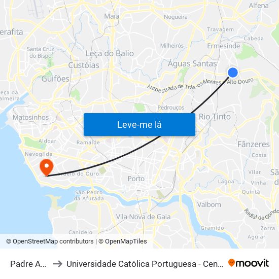 Padre Américo to Universidade Católica Portuguesa - Centro Regional do Porto map