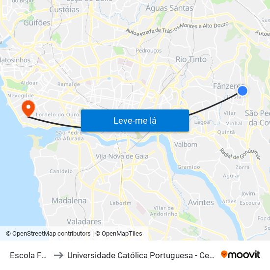 Escola Fânzeres to Universidade Católica Portuguesa - Centro Regional do Porto map