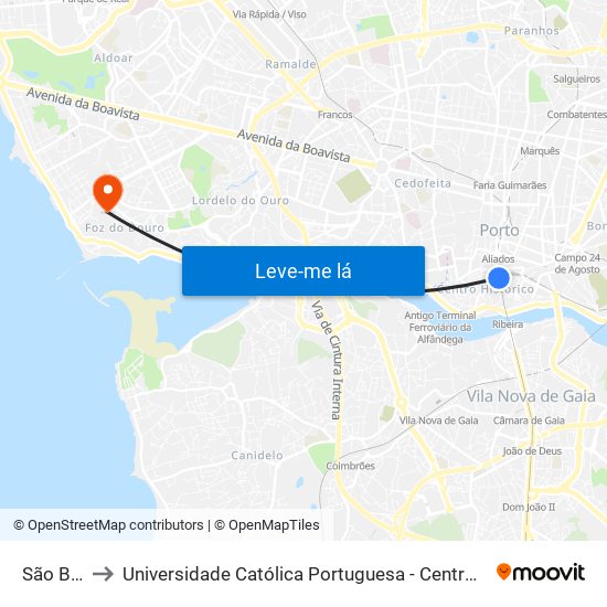 São Bento to Universidade Católica Portuguesa - Centro Regional do Porto map