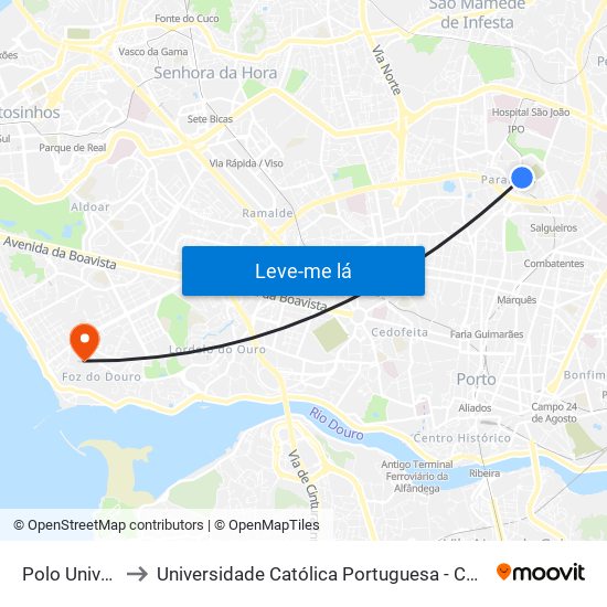 Polo Universitário to Universidade Católica Portuguesa - Centro Regional do Porto map