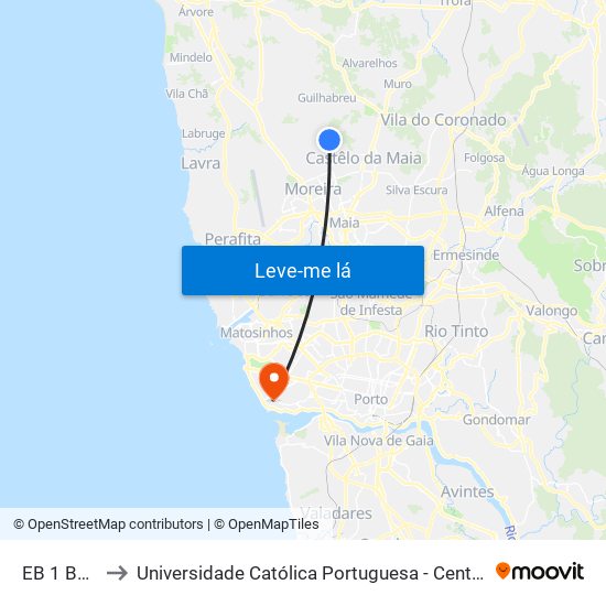 EB 1 Bajouca to Universidade Católica Portuguesa - Centro Regional do Porto map