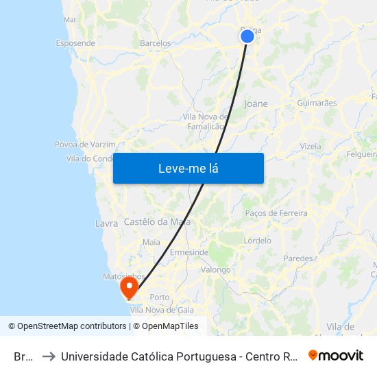 Braga to Universidade Católica Portuguesa - Centro Regional do Porto map