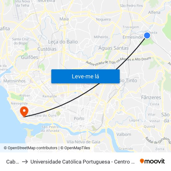 Cabeda to Universidade Católica Portuguesa - Centro Regional do Porto map