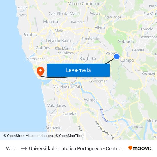 Valongo to Universidade Católica Portuguesa - Centro Regional do Porto map