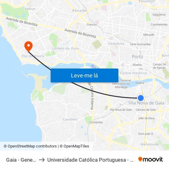 Gaia - General Torres to Universidade Católica Portuguesa - Centro Regional do Porto map