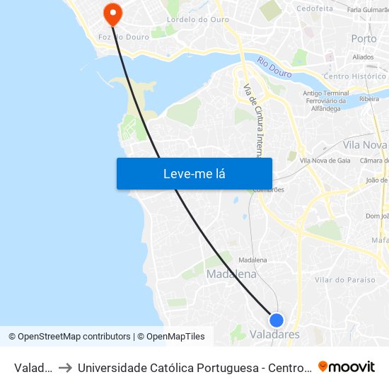 Valadares to Universidade Católica Portuguesa - Centro Regional do Porto map
