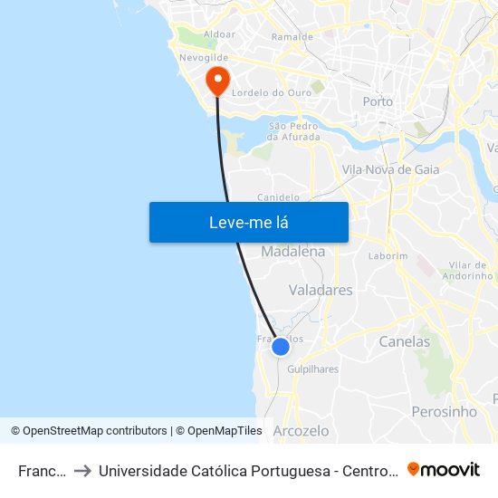 Francelos to Universidade Católica Portuguesa - Centro Regional do Porto map