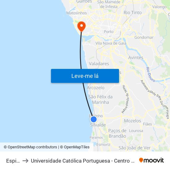 Espinho to Universidade Católica Portuguesa - Centro Regional do Porto map
