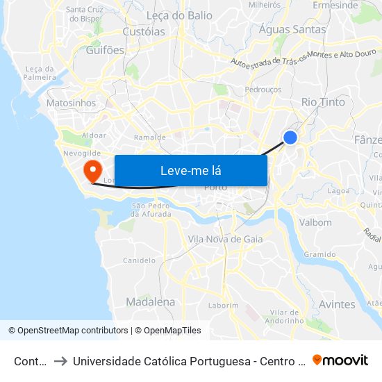 Contumil to Universidade Católica Portuguesa - Centro Regional do Porto map