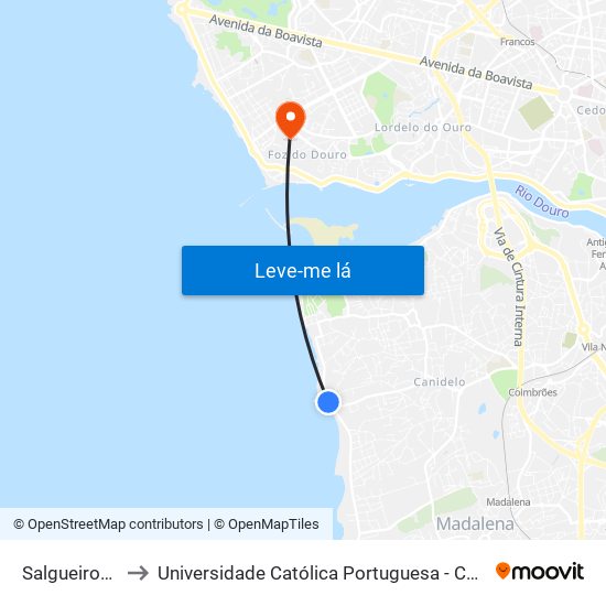 Salgueiros (Praia) to Universidade Católica Portuguesa - Centro Regional do Porto map