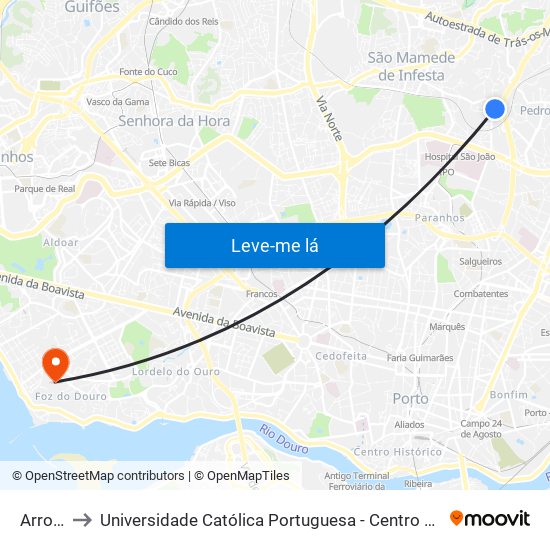Arroteia to Universidade Católica Portuguesa - Centro Regional do Porto map