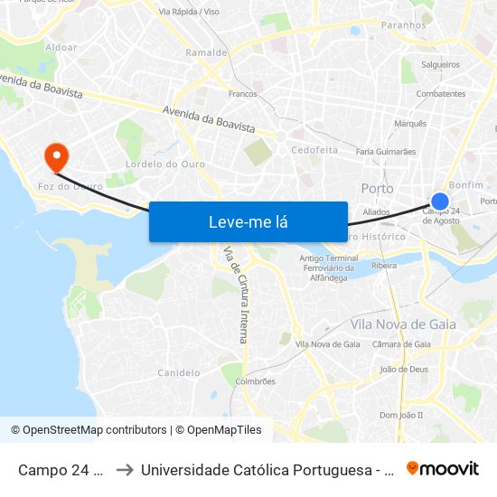 Campo 24 de Agosto to Universidade Católica Portuguesa - Centro Regional do Porto map